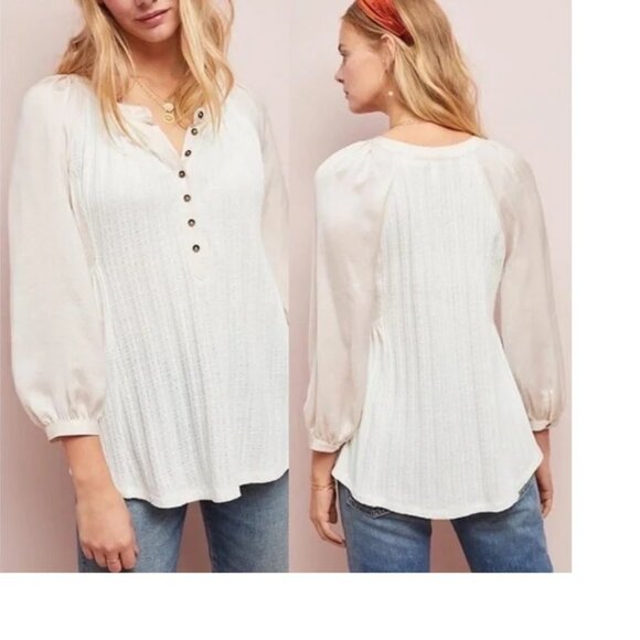Anthropologie Meadow Rue Kersee Button Ivory Boho Henley Blouse Top Medium - Picture 1 of 6